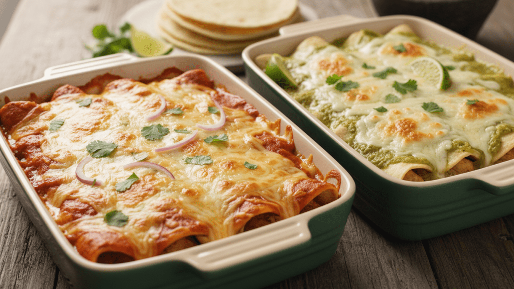 Two types of enchiladas, one red sauce and one green sauce.