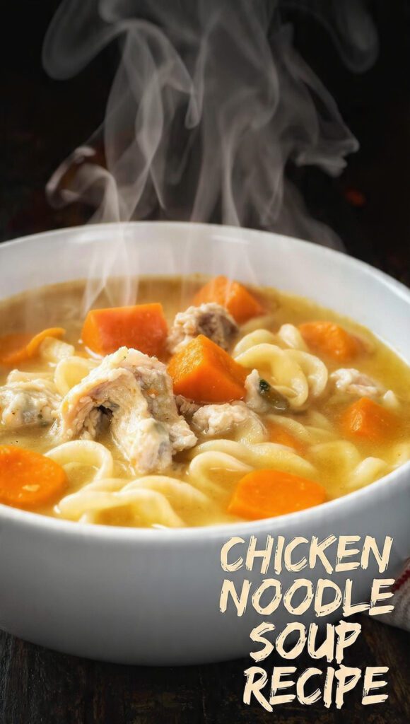 A warm, inviting close-up shot of a white ceramic bowl filled with steaming chicken noodle soup, showing tender shredded chicken, bright carrots, and egg noodles in a rich golden broth. Text overlay reads: CHICKEN NOODLE SOUP RECIPE in a cozy, rustic font. Dark, moody, rustic background.
