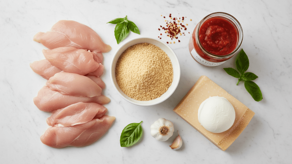 A collage of chicken cutlets, panko breadcrumbs, fresh mozzarella, parmesan cheese, and marinara sauce.