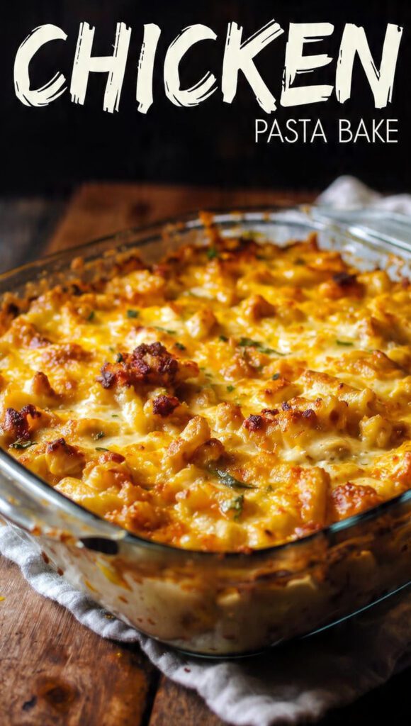 A close-up of a golden-brown, bubbling chicken pasta bake casserole with "CHICKEN PASTA BAKE" as a large text overlay against a warm kitchen background.