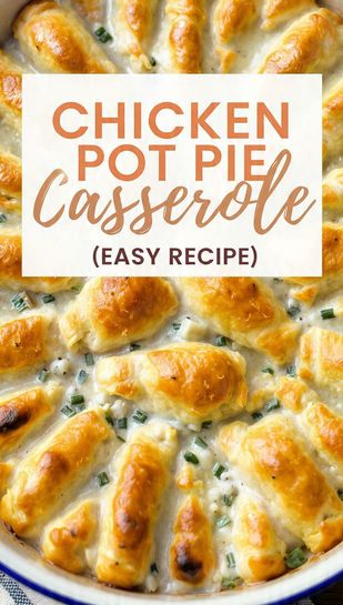 Close-up of baked chicken pot pie casserole with golden-brown crescent roll topping and bubbly filling