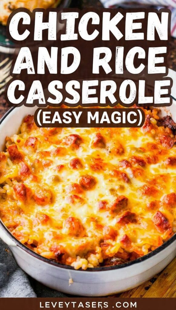 Close-up of baked chicken and rice casserole with a golden-brown, bubbly cheese crust and creamy filling.