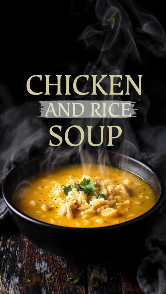 Vertical photo of a rustic bowl of chicken and rice soup garnished with parsley with a text overlay of the recipe name.
