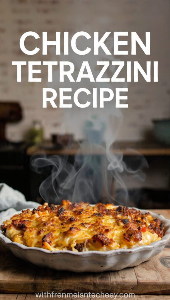 A golden brown, bubbling casserole dish of chicken tetrazzini with "CHICKEN TETRAZZINI RECIPE" in large, appetizing text overlay.
