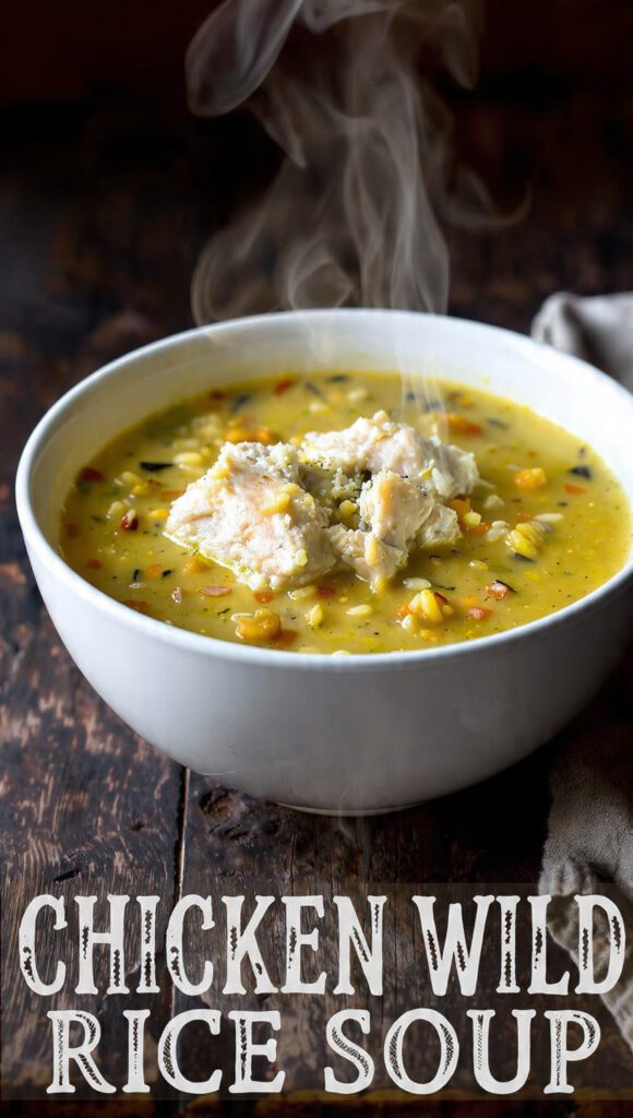 A close-up of a bowl of creamy chicken wild rice soup with the keyphrase "CHICKEN WILD RICE SOUP" as a prominent text overlay.