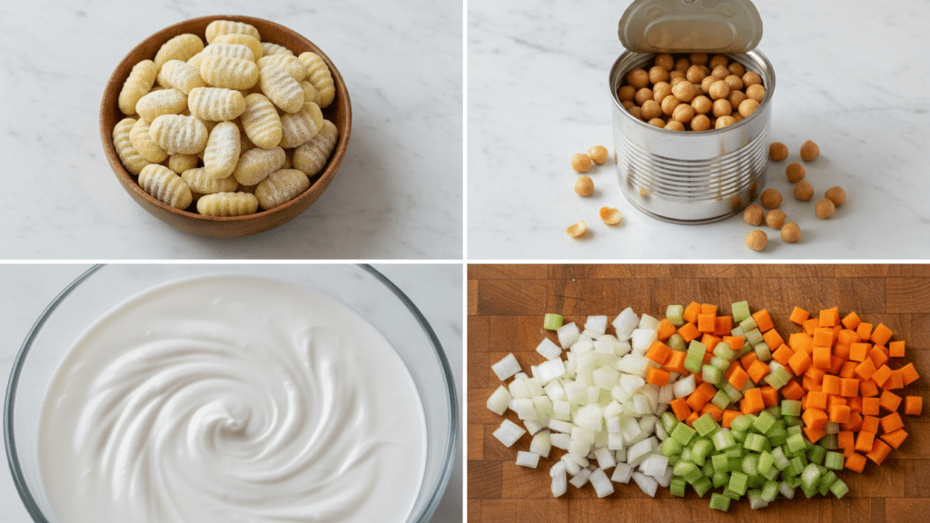 A collage showing potato gnocchi, canned chickpeas, coconut milk, and fresh mirepoix veggies.