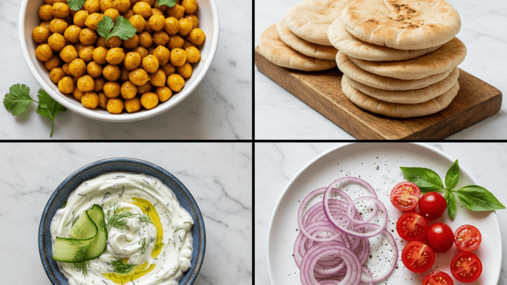 A collage showing canned chickpeas, Greek pitas, tzatziki, and fresh Mediterranean vegetables