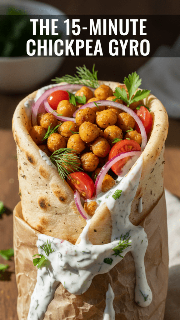 A close-up shot of a fluffy chickpea gyro wrap with dripping tzatziki and a text overlay.