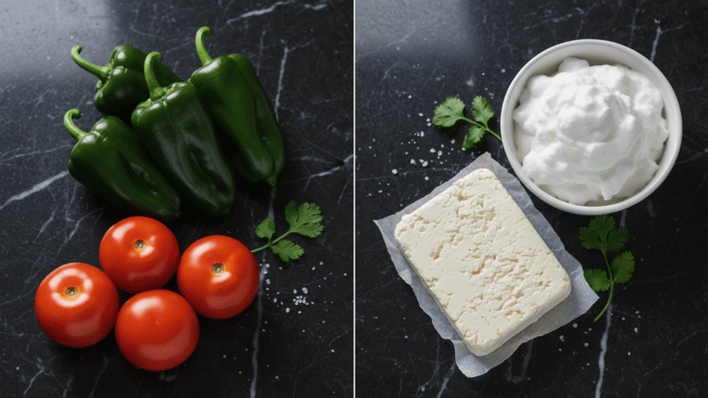 Collage of poblano peppers, eggs, cheese, and tomatoes.