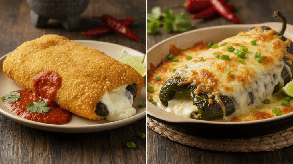 Two types of chiles rellenos, one battered and one keto baked.