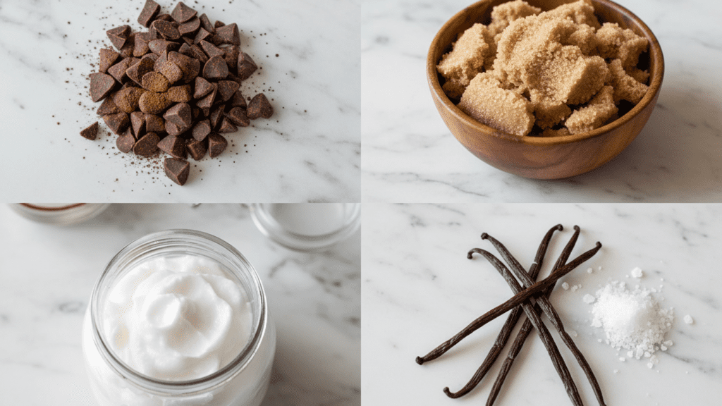 A collage showing dark chocolate chips, brown sugar, coconut oil, and vanilla extract.