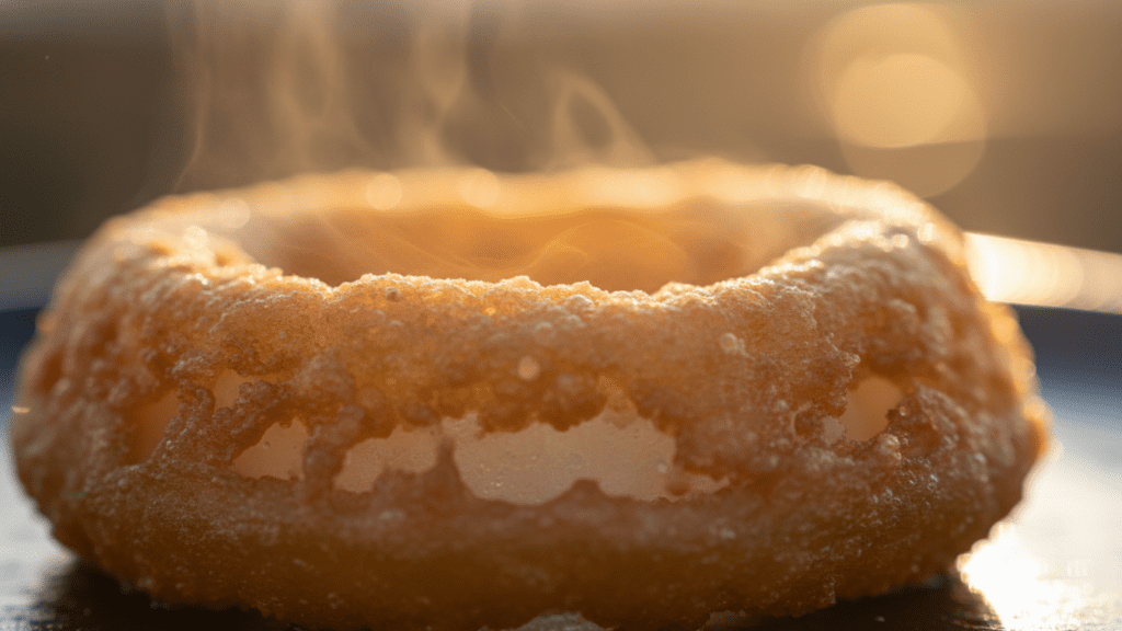Extremely close-up shot of the crunchy texture of a single fried gluten-free onion ring.