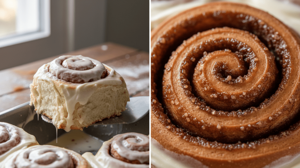A macro close-up of the center of a gluten-free cinnamon roll showing the cinnamon layers.