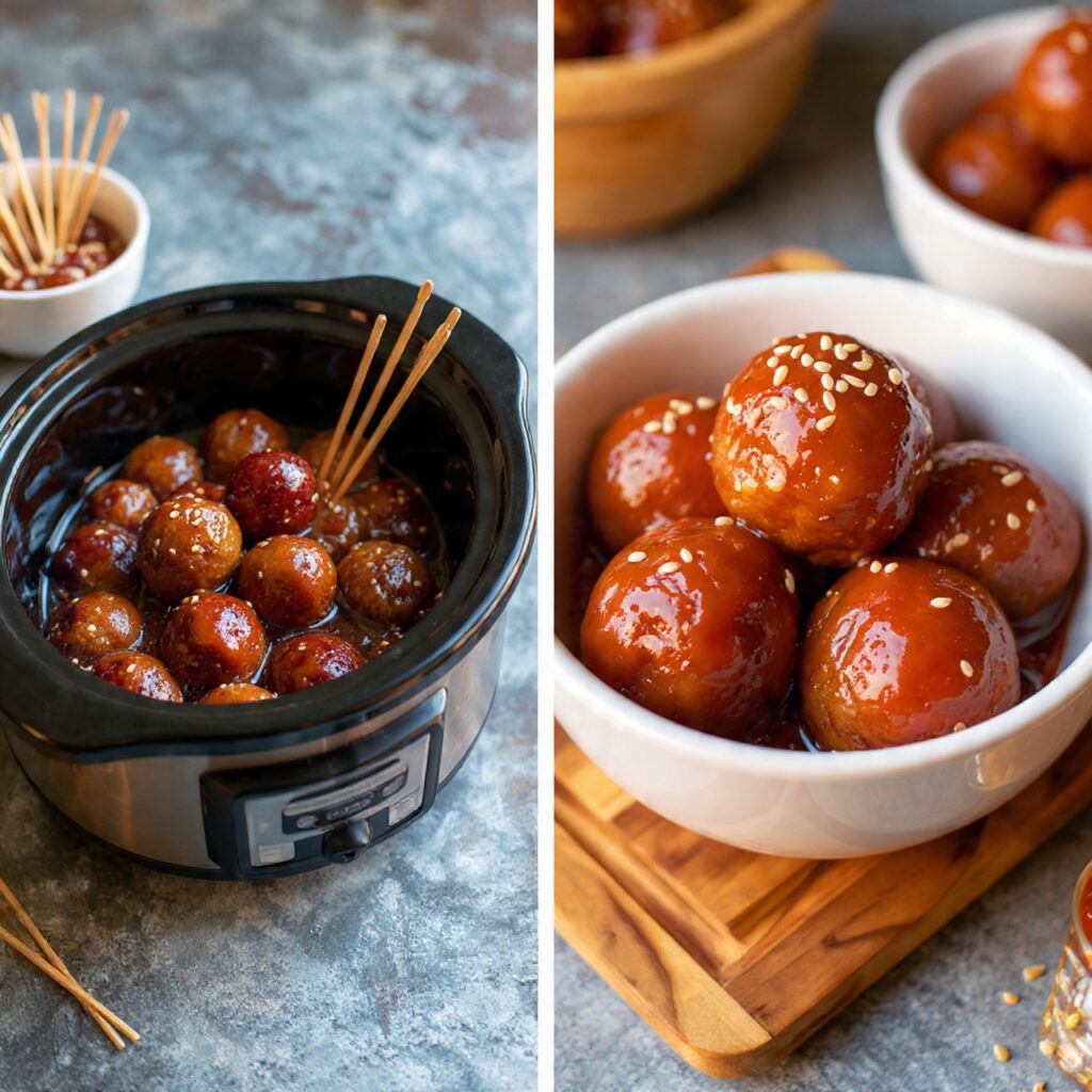 A small serving bowl of cocktail meatballs with sauce, showing the sticky glaze.