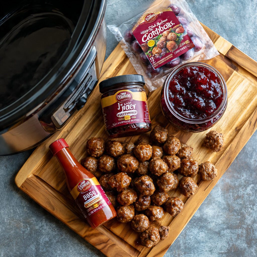 A flat lay collage showing ingredients: frozen meatballs, grape jelly jar, and chili sauce bottle