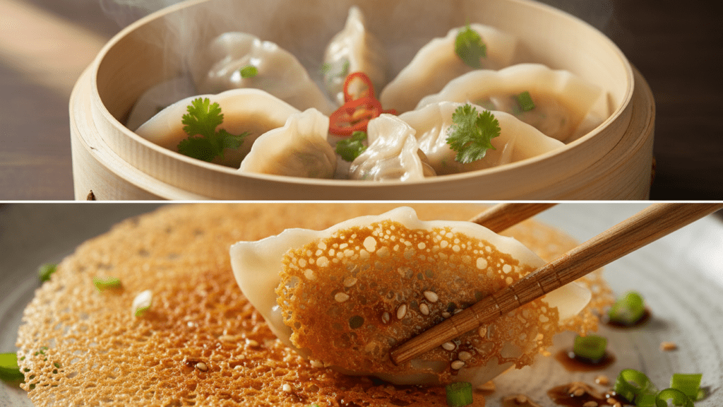A split image showing the blender process and a macro close-up of the glossy sauce on a fork