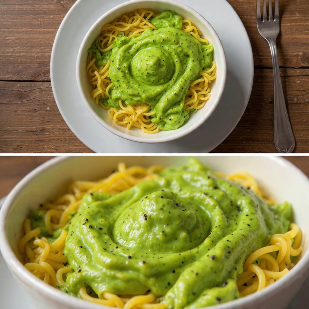 Split screen showing a bowl of avocado pasta salad and a close up of the creamy sauce coating the noodles.