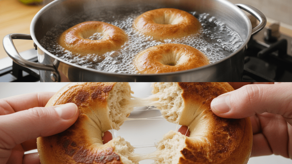 A split image showing the bagels boiling in a pot and a macro close-up of the chewy interior.