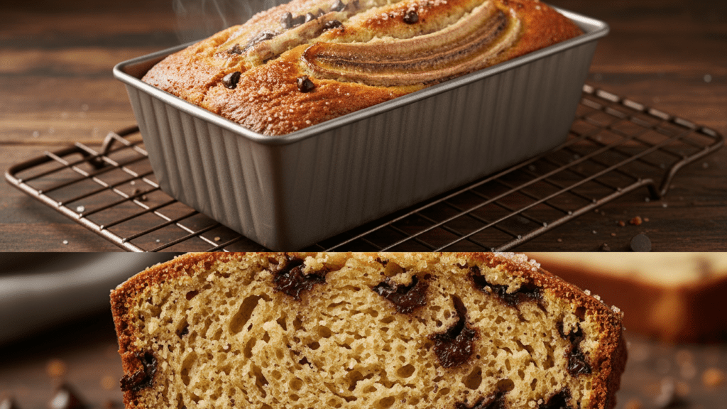 A split image showing the full loaf in a pan and a macro close-up of the moist interior texture.