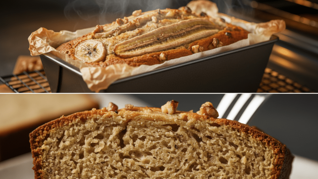A split image showing the bread in the pan and a macro close-up of a slice's moist crumb