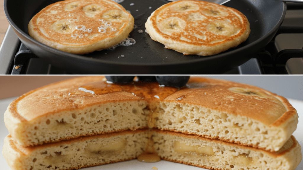 A split image showing pancake batter on a griddle and a macro close-up of a pancake's fluffy interior.