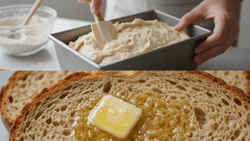 A split image showing the bread dough in a pan and a macro close-up of a toasted slice.