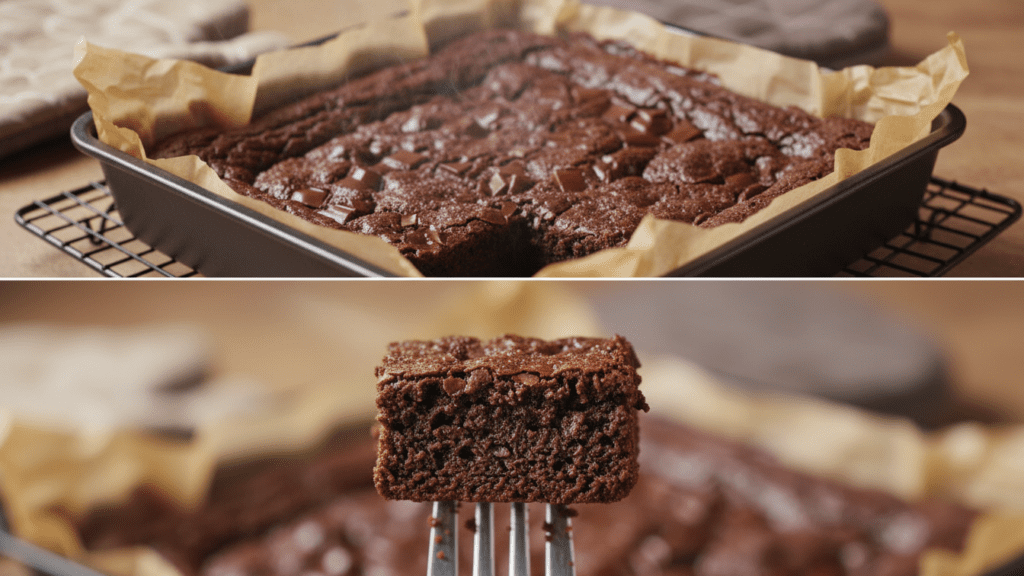 A split image showing the brownies in the pan and a macro close-up of the fudgy center.
