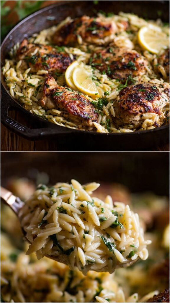 Split screen showing the full one-pan meal and a close-up of the orzo coated in sauce with a piece of chicken