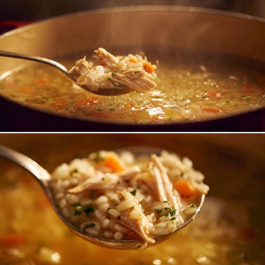 Split screen showing a full pot of soup simmering and a close-up of the chicken, rice, and broth in a spoon.