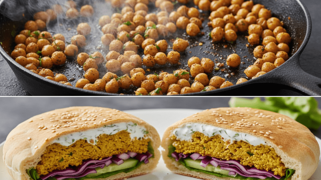 A split image showing chickpeas sizzling in a cast iron skillet and a macro close-up of a finished gyro.