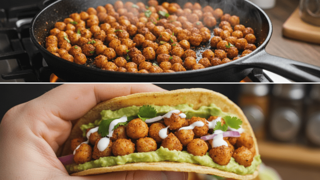 A split image showing chickpeas sizzling in a skillet and a macro close-up of a finished taco.