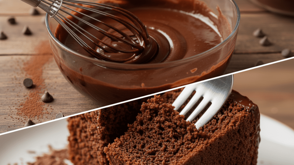 A split image showing the batter being whisked and a macro close-up of the cake crumb.