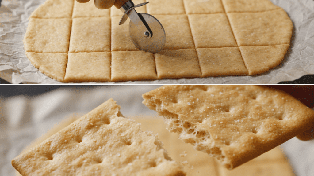 A split image showing the dough being sliced and a macro close-up of a cracker snap
