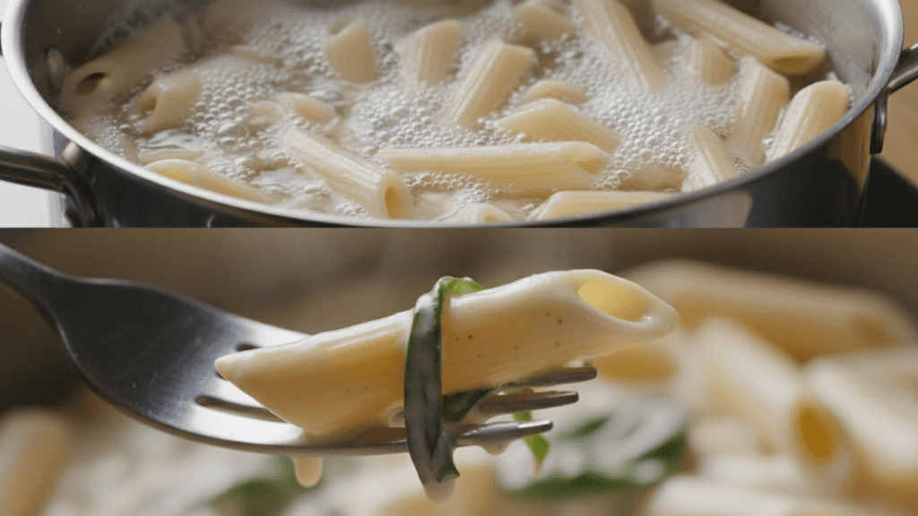 A split image showing the pasta boiling and a macro close-up of the cheesy sauce pull.