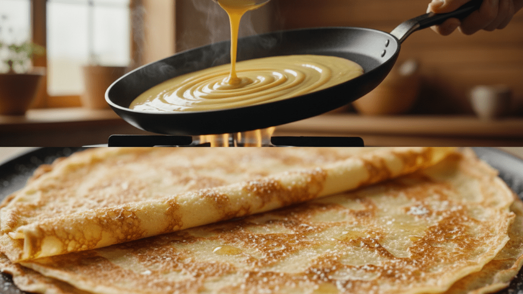 A split image showing the crepe being swirled in a pan and a macro close-up of the lacy edges