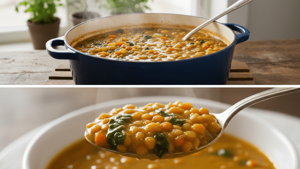 A split image showing the soup in a pot and a macro close-up of a spoonful of creamy soup