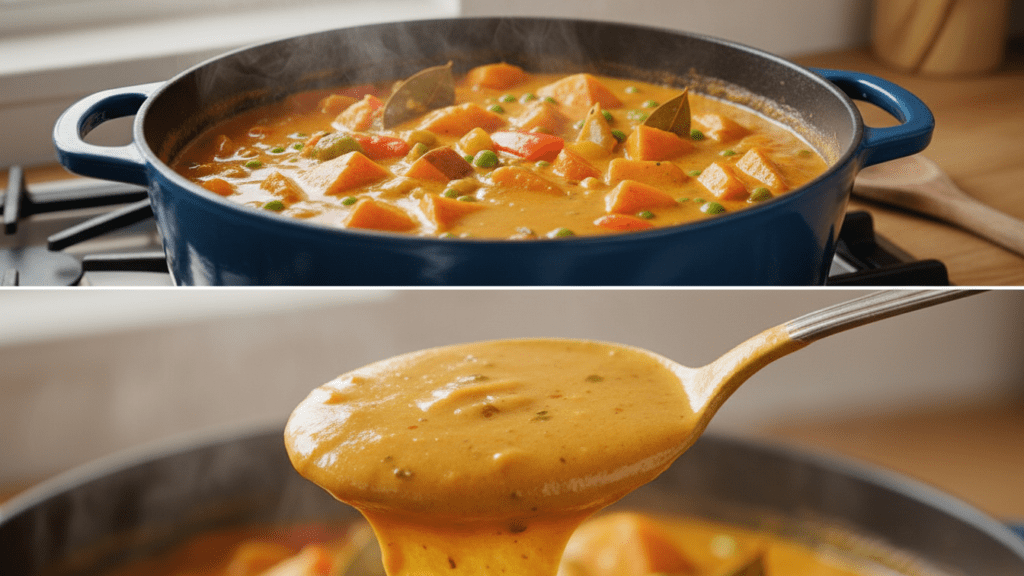 A split image showing the curry simmering in a pot and a macro close-up of the silky sauce.
