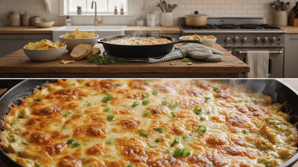 A split image showing the finished dip in a dish and a macro close-up of the cheesy texture.