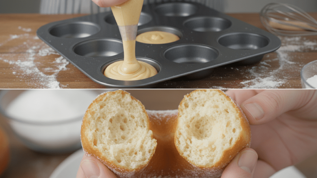 A split image showing the donuts in a pan and a macro close-up of the soft donut interior.