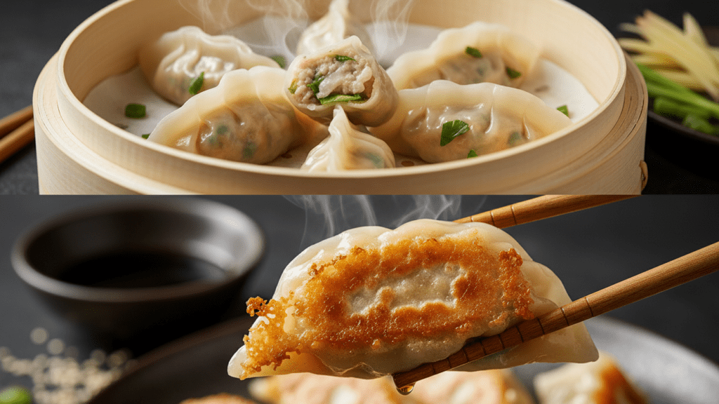 A split image showing steamed dumplings and a macro close-up of a crispy pan-fried bottom.