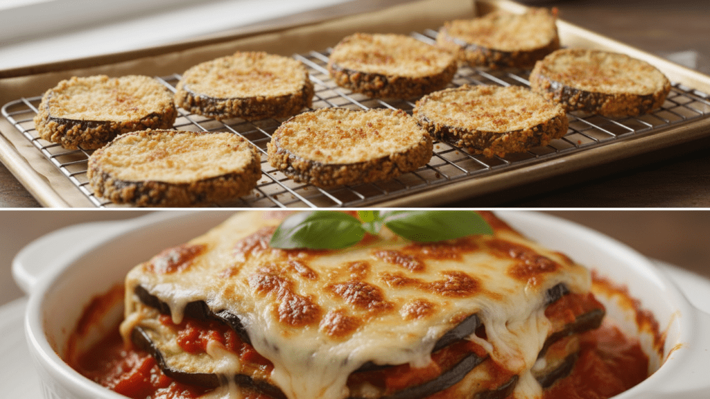 A split image showing the fried eggplant slices and a macro close-up of the cheesy layers.