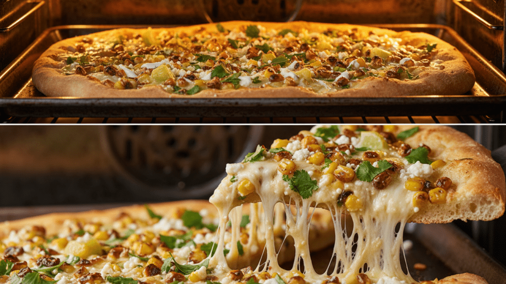 A split image showing the flatbread in the oven and a macro close-up of the charred corn.