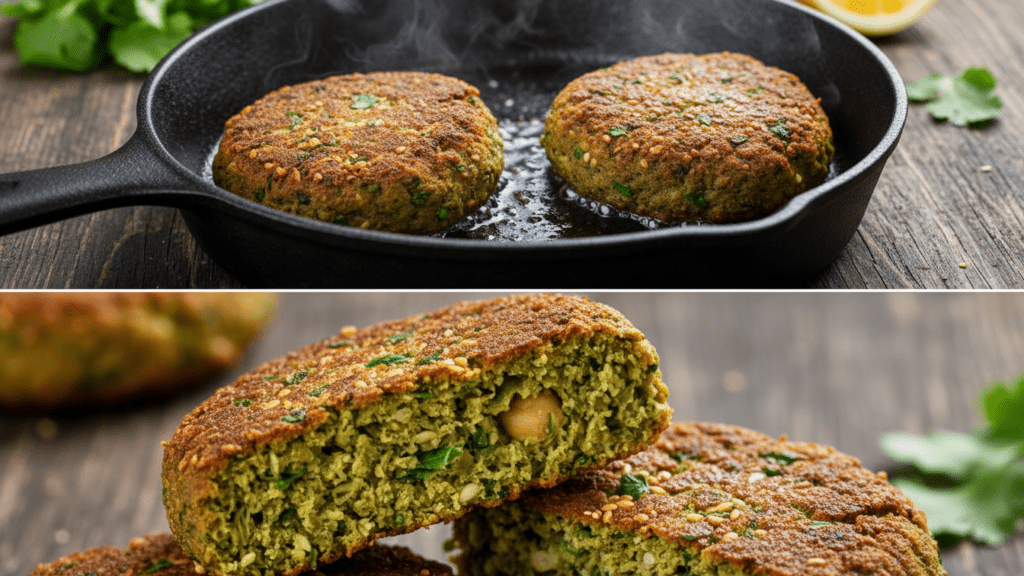 A split image showing patties cooking in a skillet and a macro close-up of a cooked patty's texture.