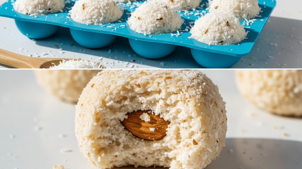 A split image showing the fat bombs in a silicone mold and a macro close-up of a bitten bomb.