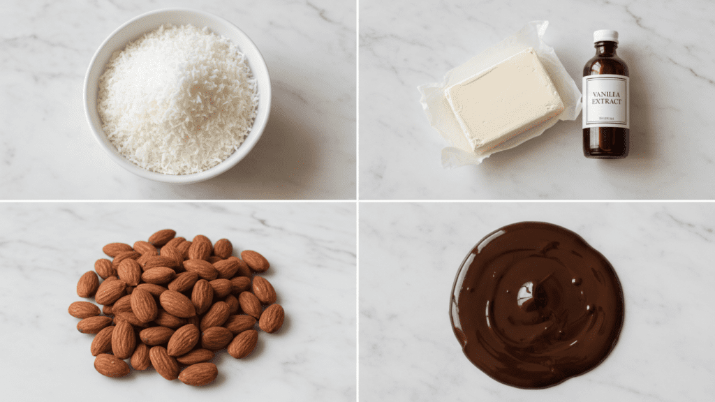 A collage showing shredded coconut, cream cheese, almonds, and sugar-free chocolate.