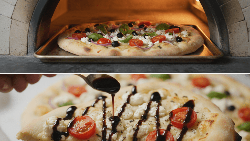 A split image showing the flatbread pizza in the oven and a macro close-up of the balsamic drizzle.
