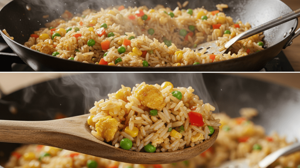 : A split image showing fried rice in a wok and a macro close-up of a spoonful of rice