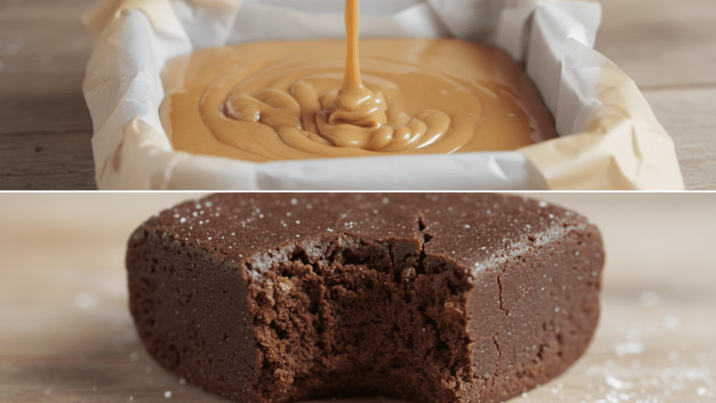 A split image showing the fudge being poured into a pan and a macro close-up of a bitten square.