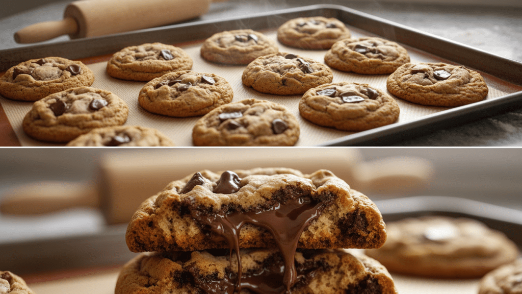 A split image showing the cookies on a baking sheet and a macro close-up of the chewy texture