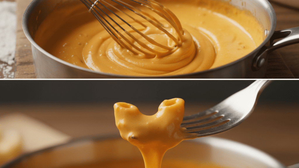 A split image showing the stovetop sauce blending and a macro close-up of the cheesy noodle
